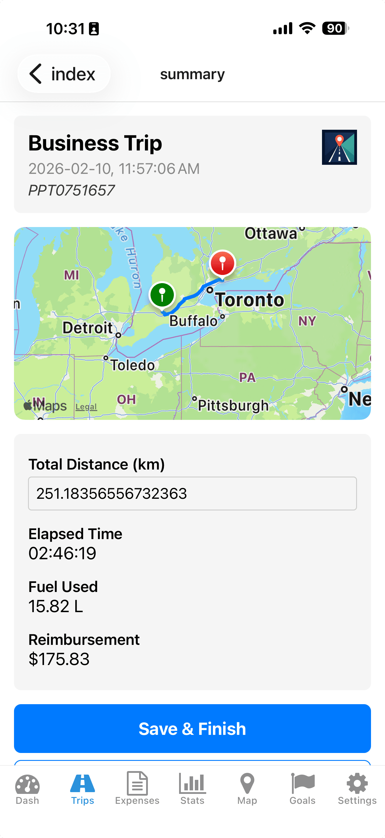 Business trip summary with map route and calculated distance