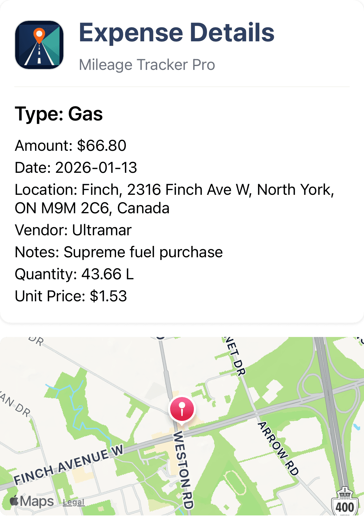 Expense details screen showing amount, vendor, quantity, and location map